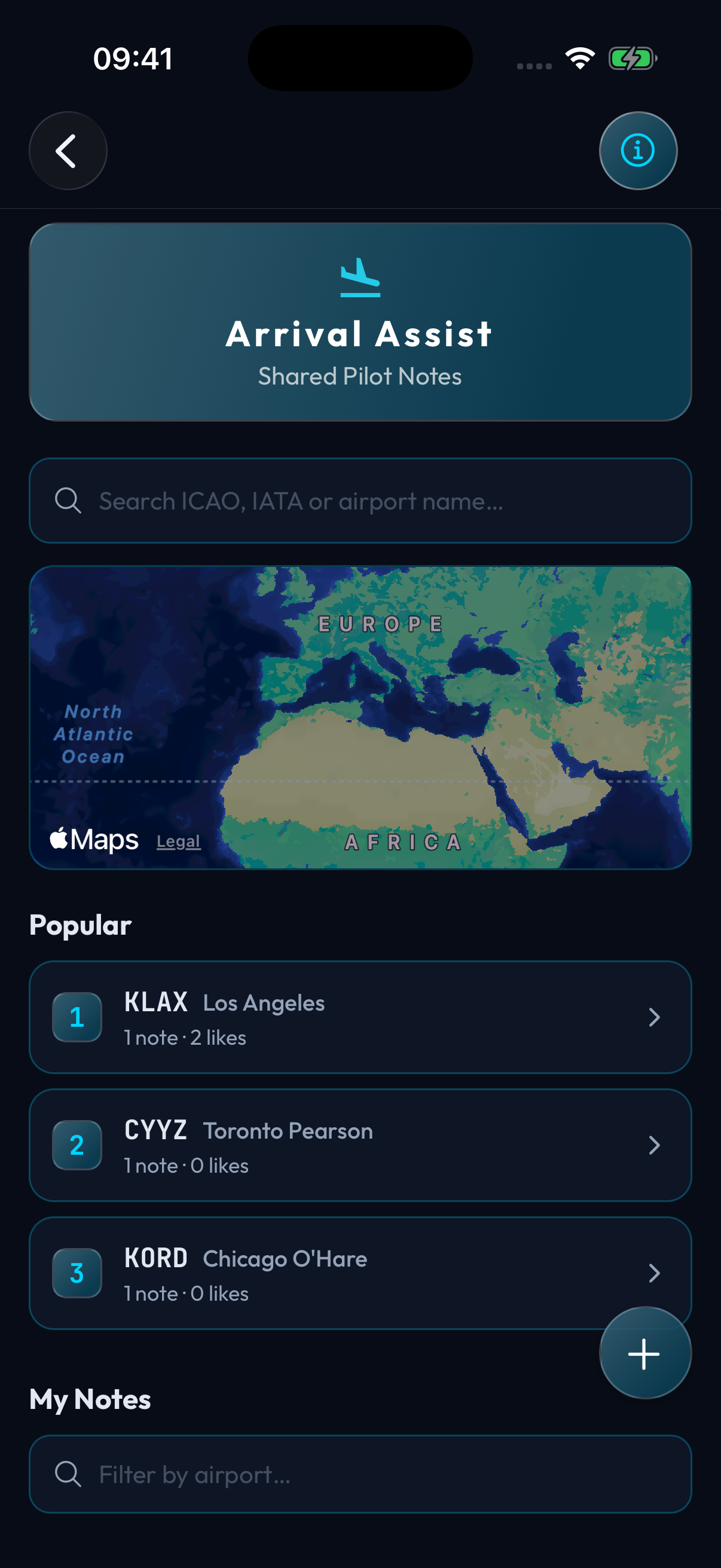 Arrival Assist airport map and shared notes