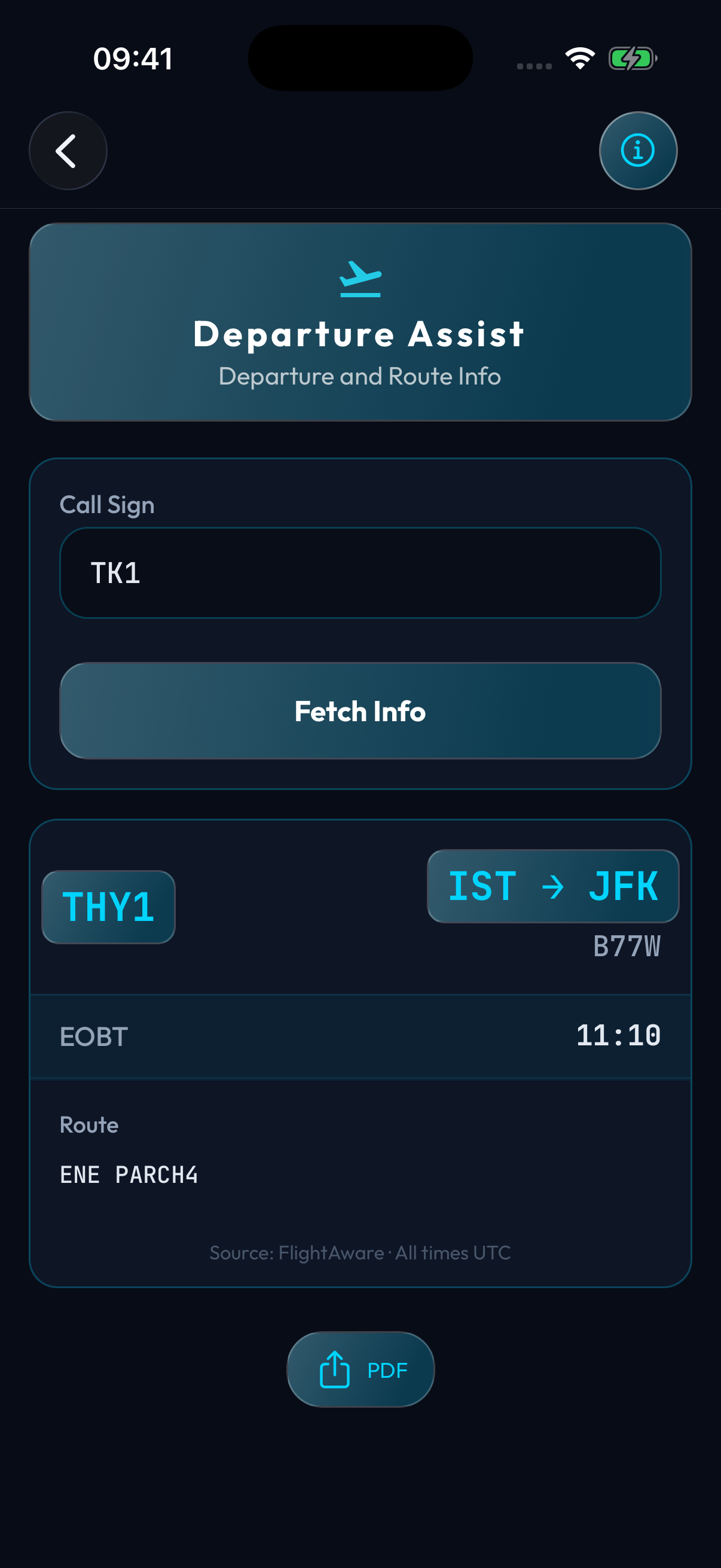 TK1 flight details fetched in Departure Assist
