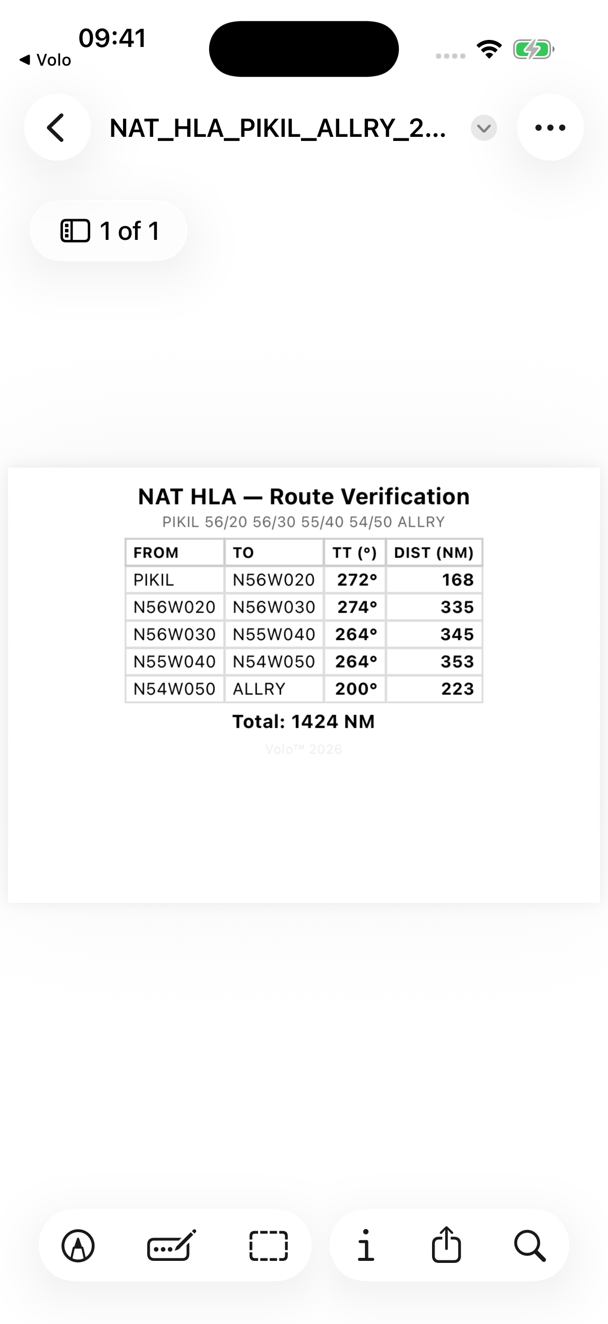 NAT HLA Route Verification PDF with its title, route table, and total distance