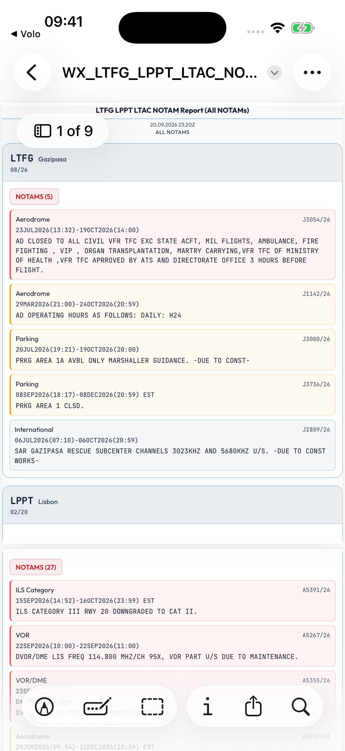 Volo NOTAM report for Gazipaşa, Lisbon, and Ankara with the report title visible
