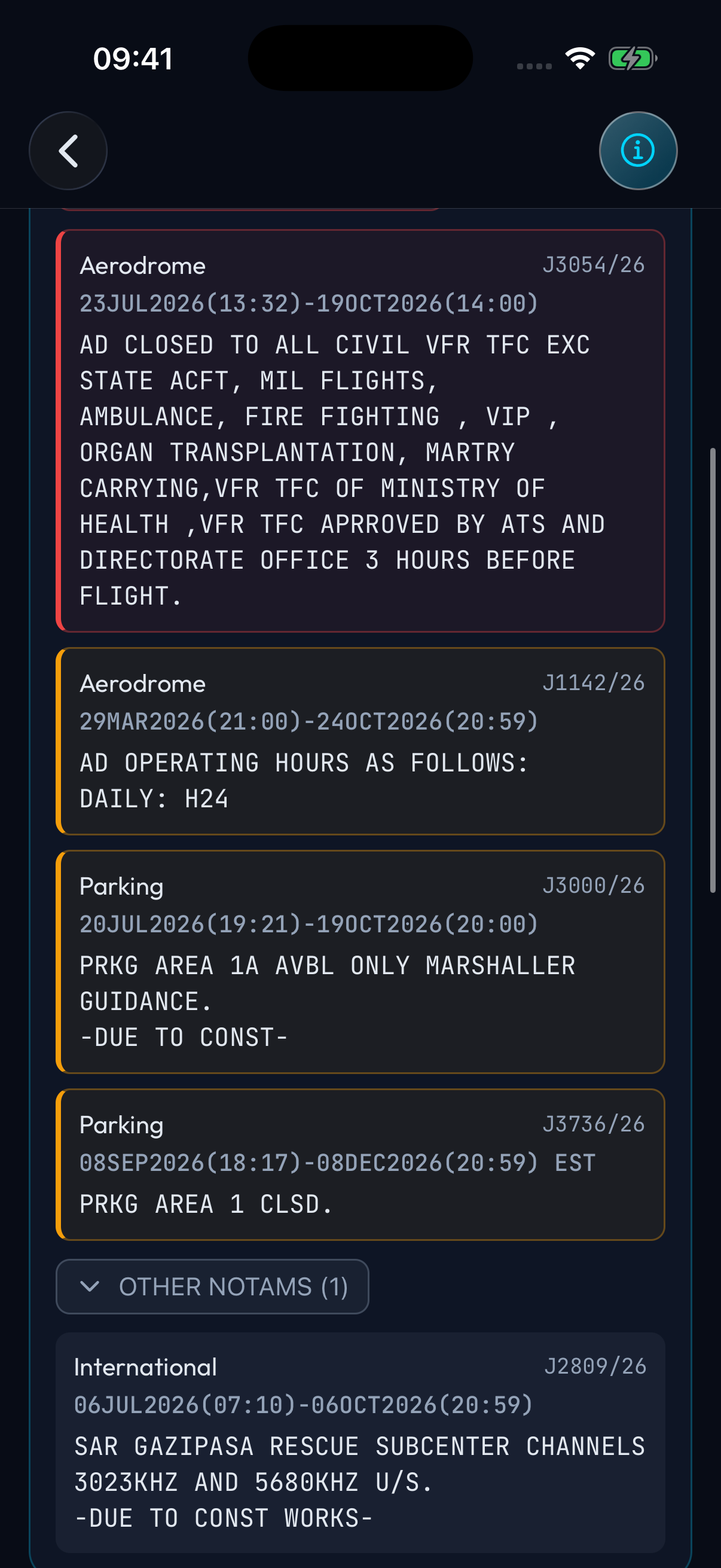 Expanded NOTAM results with red critical, amber significant, and neutral Other entries